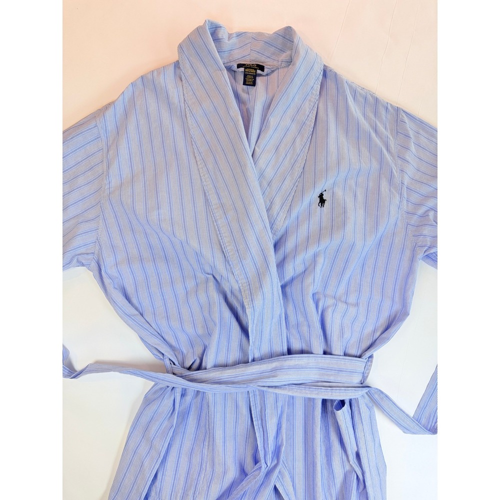 Polo Ralph Lauren Robe Men L/XL Blue Striped Cotton Sleepwear Loungewear - Picture 5 of 13